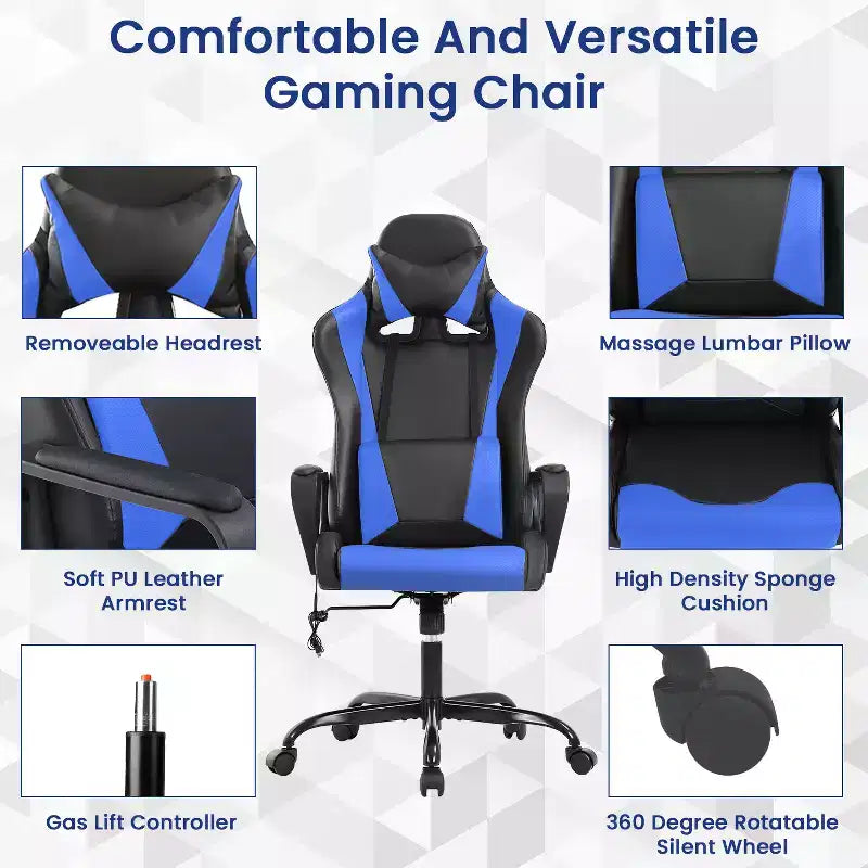 Sedia da gaming con schienale alto e supporto lombare, funzione massaggio e pelle PU