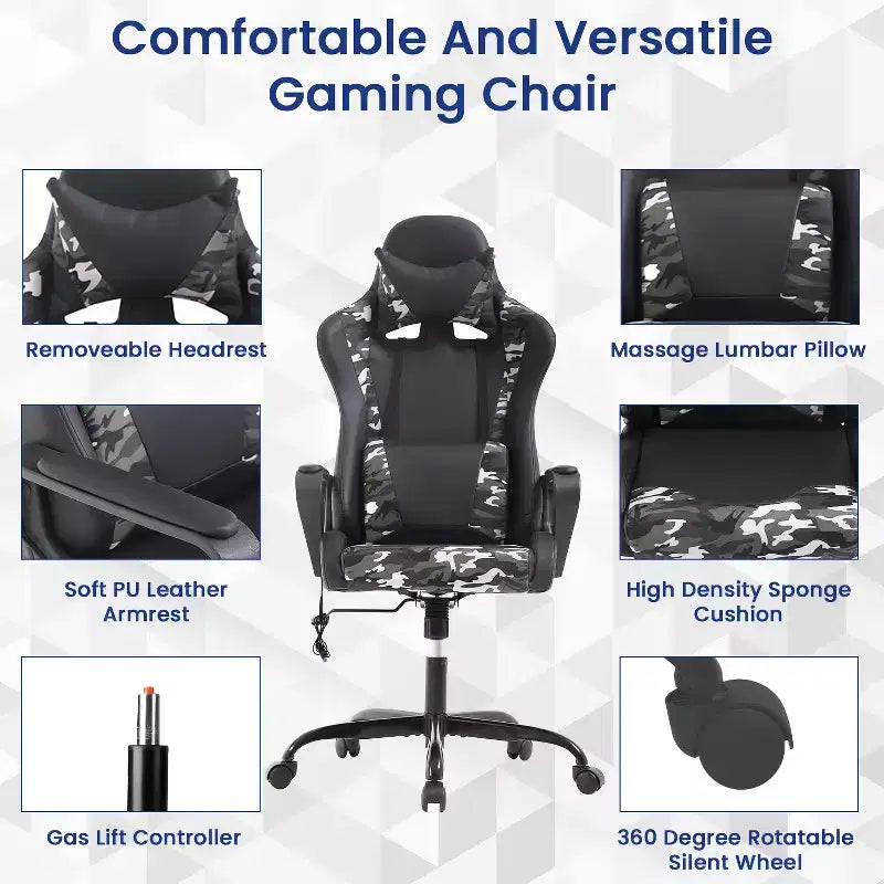 Sedia da gaming con schienale alto e supporto lombare, funzione massaggio e pelle PU