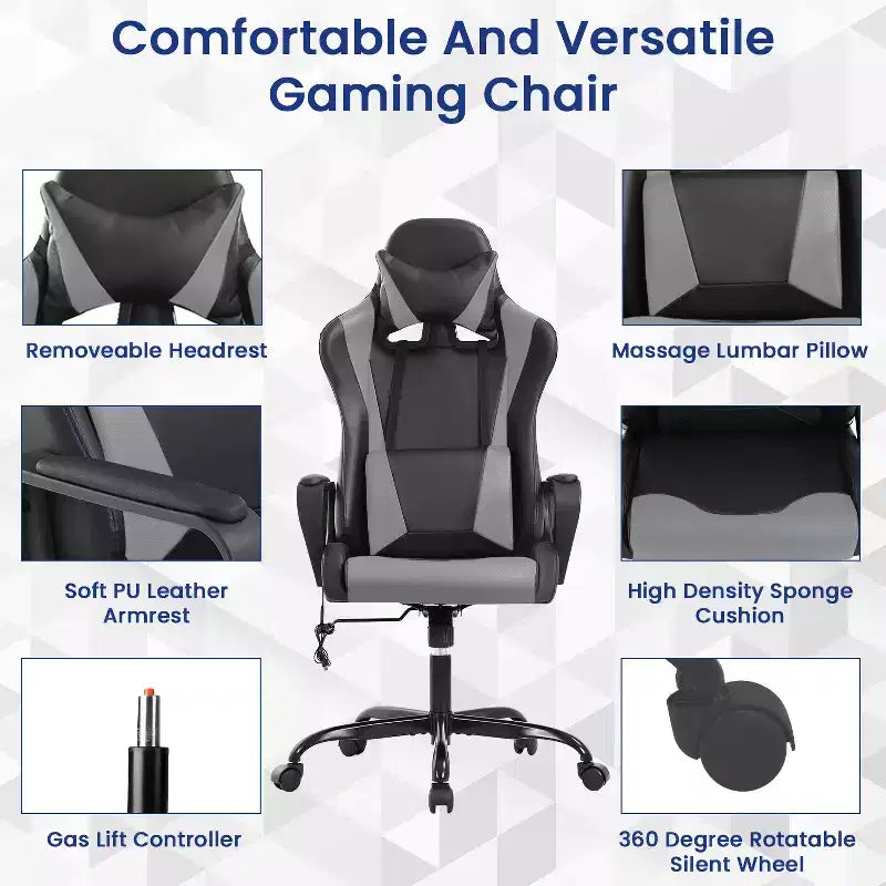 Sedia da gaming con schienale alto e supporto lombare, funzione massaggio e pelle PU