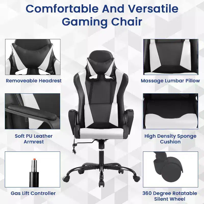 Sedia da gaming con schienale alto e supporto lombare, funzione massaggio e pelle PU