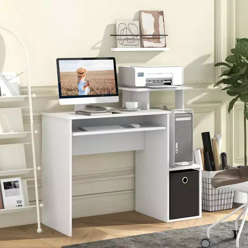 Scrivania salvaspazio per computer da ufficio con vassoio per tastiera - Bianco/Nero