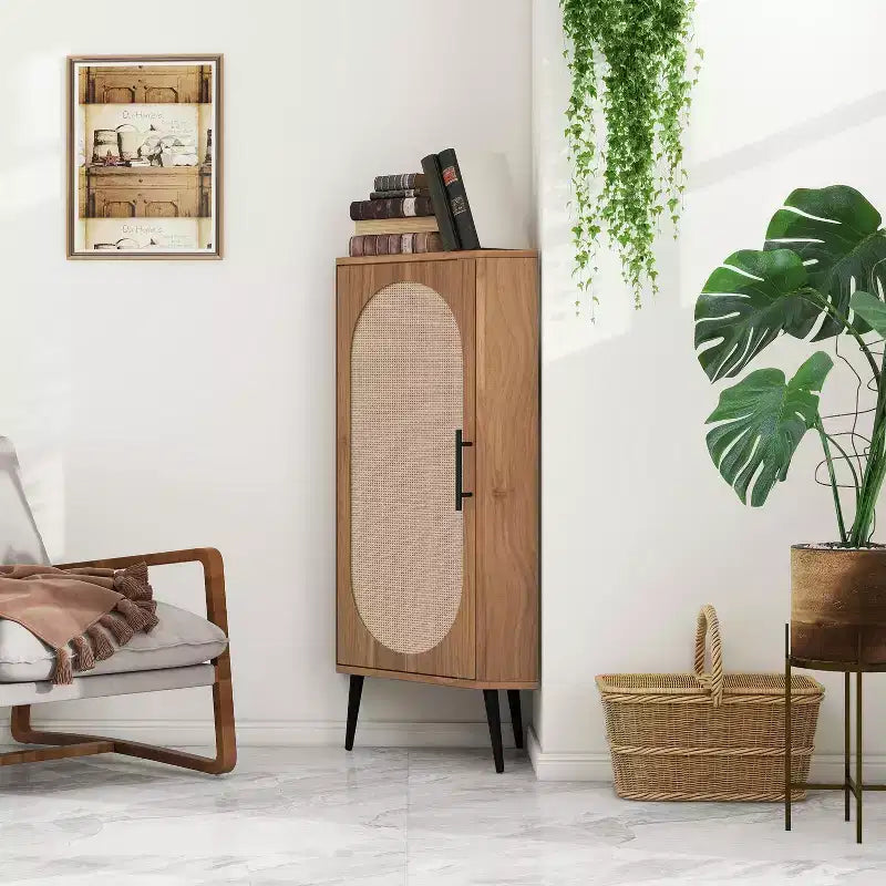 Mobile angolare in noce con anta in rattan - Contenitore salvaspazio autoportante per piccoli ambienti