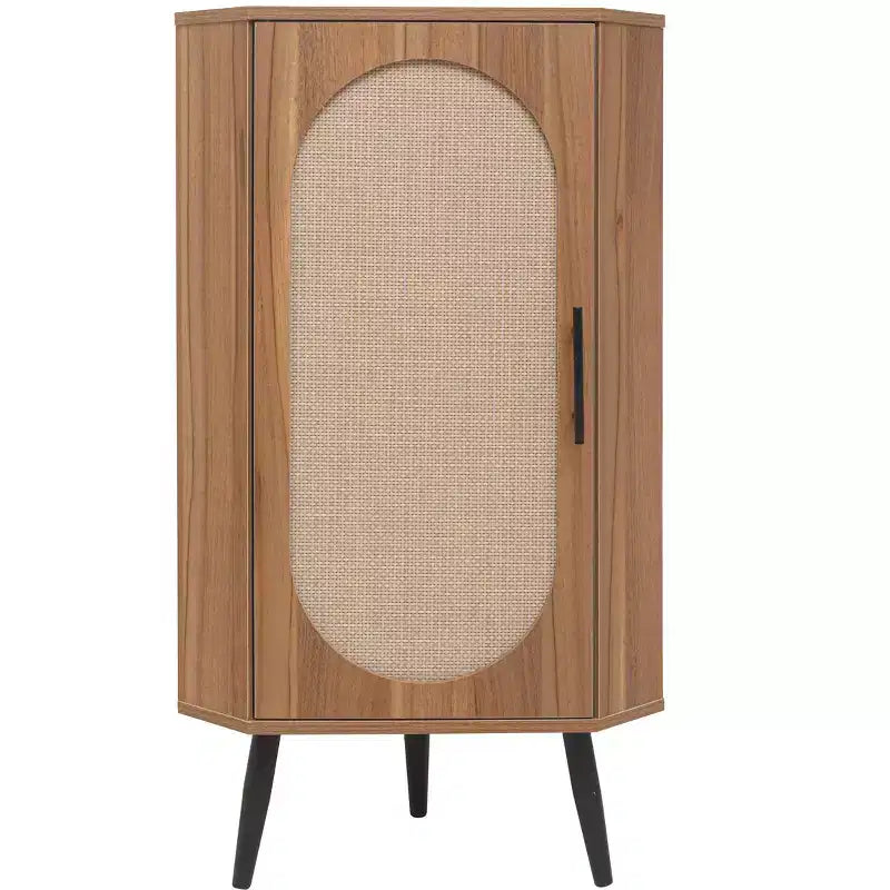 Mobile angolare in noce con anta in rattan - Contenitore salvaspazio autoportante per piccoli ambienti