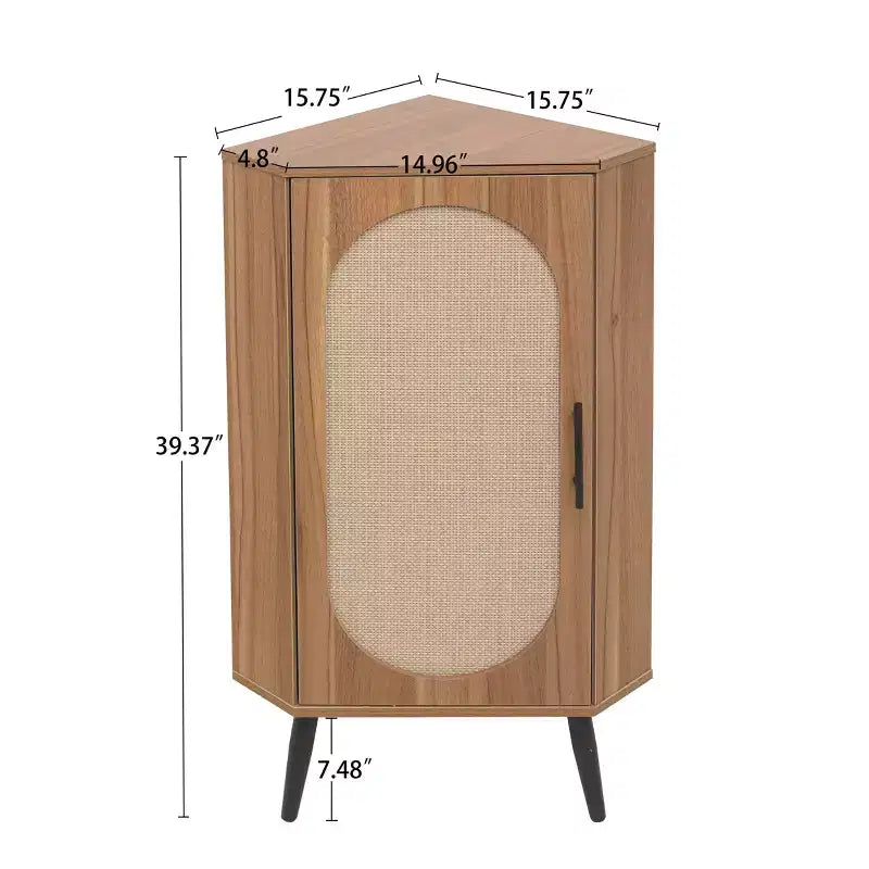 Mobile angolare in noce con anta in rattan - Contenitore salvaspazio autoportante per piccoli ambienti