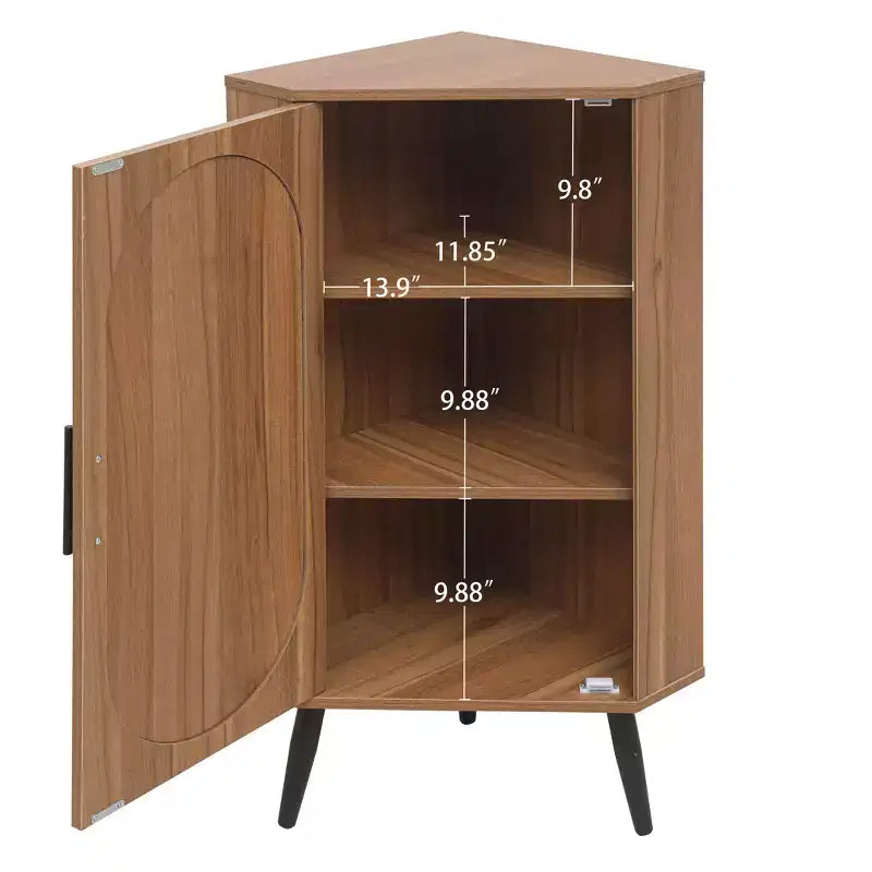 Mobile angolare in noce con anta in rattan - Contenitore salvaspazio autoportante per piccoli ambienti