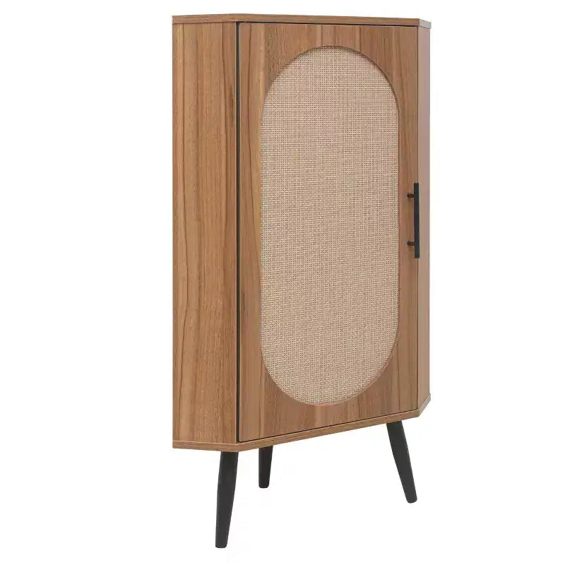 Mobile angolare in noce con anta in rattan - Contenitore salvaspazio autoportante per piccoli ambienti