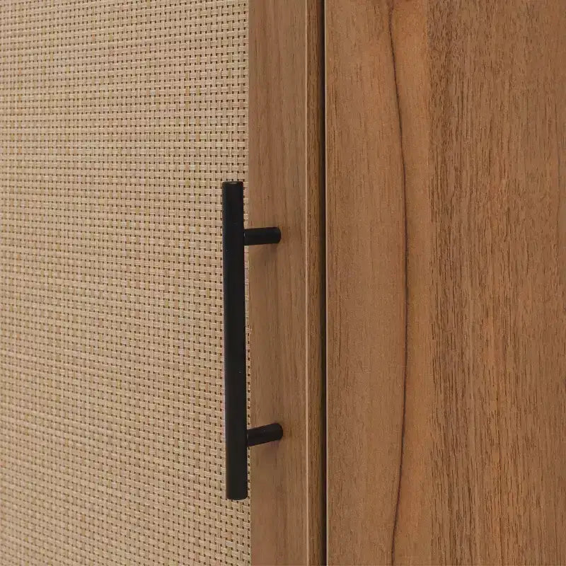 Mobile angolare in noce con anta in rattan - Contenitore salvaspazio autoportante per piccoli ambienti