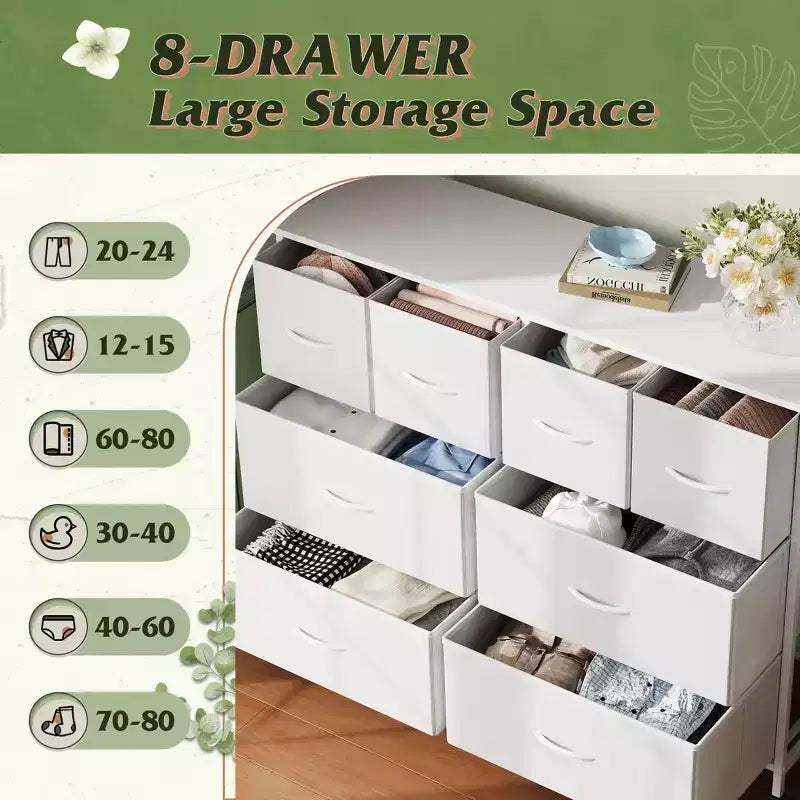 Cassettiera larga a 8 cassetti in tessuto per camera da letto, armadio e ingresso
