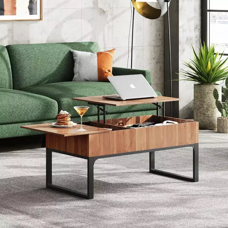 Tavolino da caffè sollevabile con contenitore e 2 scomparti nascosti - Rovere noce 104 cm