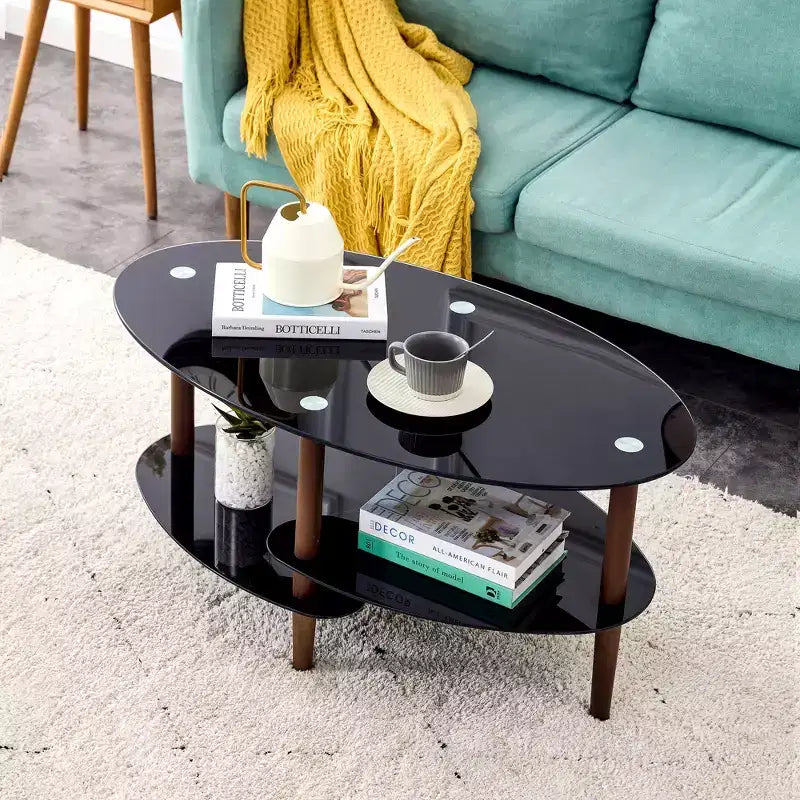 Tavolino da caffè ovale in vetro – Tavolino da cocktail e d'accento moderno con ripiano trasparente/nero