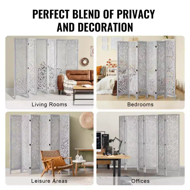 Divisorio pieghevole a 6 pannelli in legno per privacy, altezza 170 cm, con dettagli intagliati