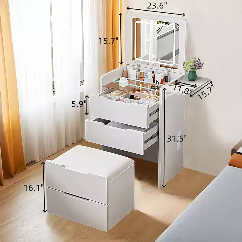 Set Tavolo da Trucco e Sedia 3 in 1 con Specchio Ribaltabile e Piano in Vetro