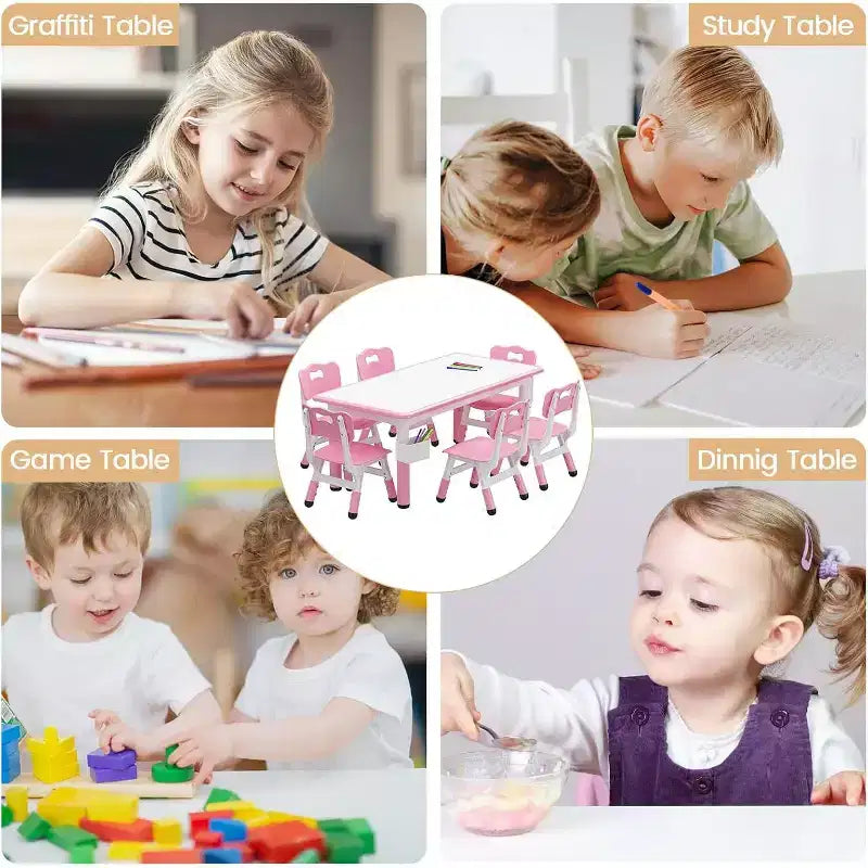 Set Tavolo e 6 Sedie per Bambini con Contenitore, Set Tavolo e Sedie per Bambini Regolabile in Altezza per Età 2-10 Anni, per Asilo Nido, Aula, Casa