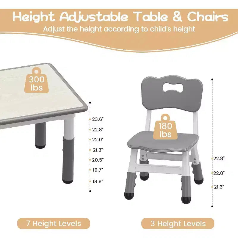 Set Tavolo e 6 Sedie per Bambini con Contenitore, Set Tavolo e Sedie per Bambini Regolabile in Altezza per Età 2-10 Anni, per Asilo Nido, Aula, Casa
