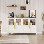 Credenza grande da 140 cm con 4 ante in vetro e ripiani, mobile contenitore moderno in stile rustico per cucina, sala da pranzo, soggiorno, corridoio