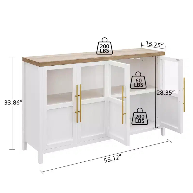 Credenza grande da 140 cm con 4 ante in vetro e ripiani, mobile contenitore moderno in stile rustico per cucina, sala da pranzo, soggiorno, corridoio