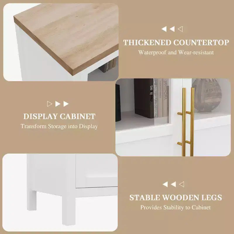 Credenza grande da 140 cm con 4 ante in vetro e ripiani, mobile contenitore moderno in stile rustico per cucina, sala da pranzo, soggiorno, corridoio