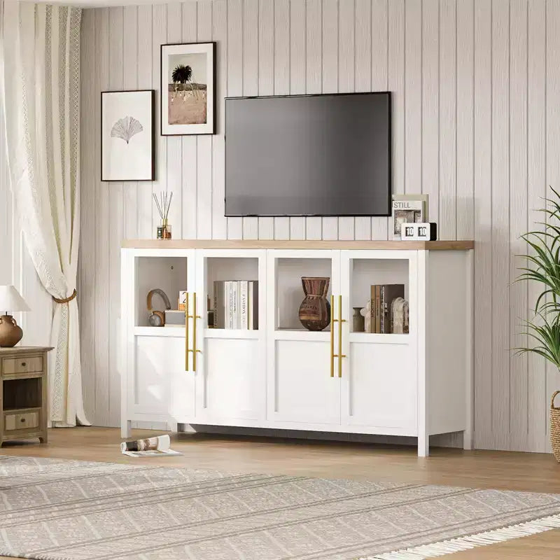 Credenza grande da 140 cm con 4 ante in vetro e ripiani, mobile contenitore moderno in stile rustico per cucina, sala da pranzo, soggiorno, corridoio