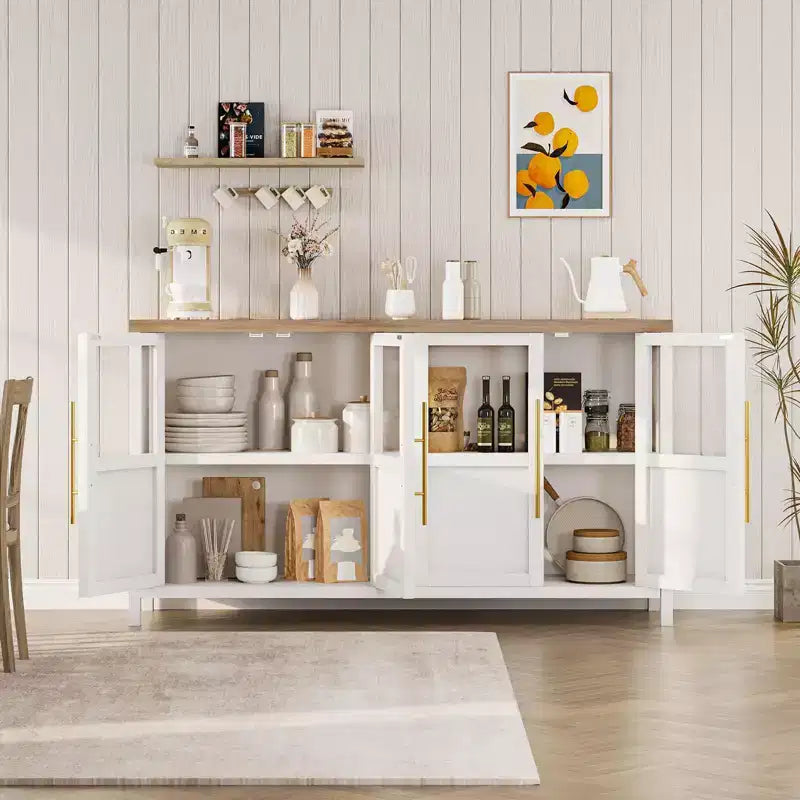 Credenza grande da 140 cm con 4 ante in vetro e ripiani, mobile contenitore moderno in stile rustico per cucina, sala da pranzo, soggiorno, corridoio