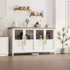 Credenza grande da 140 cm con 4 ante in vetro e ripiani, mobile contenitore moderno in stile rustico per cucina, sala da pranzo, soggiorno, corridoio