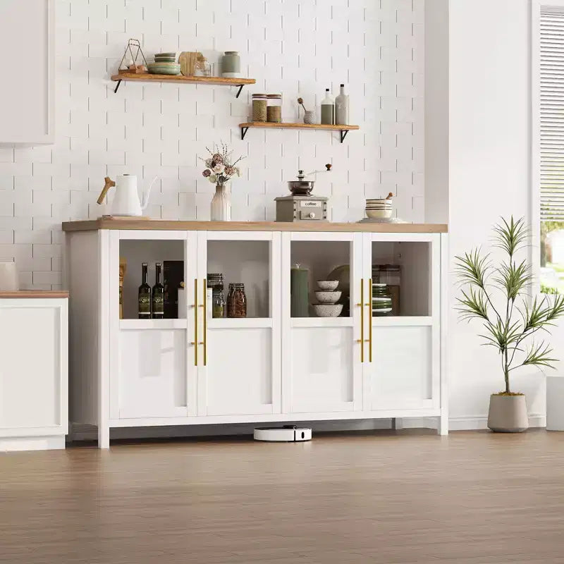 Credenza grande da 140 cm con 4 ante in vetro e ripiani, mobile contenitore moderno in stile rustico per cucina, sala da pranzo, soggiorno, corridoio