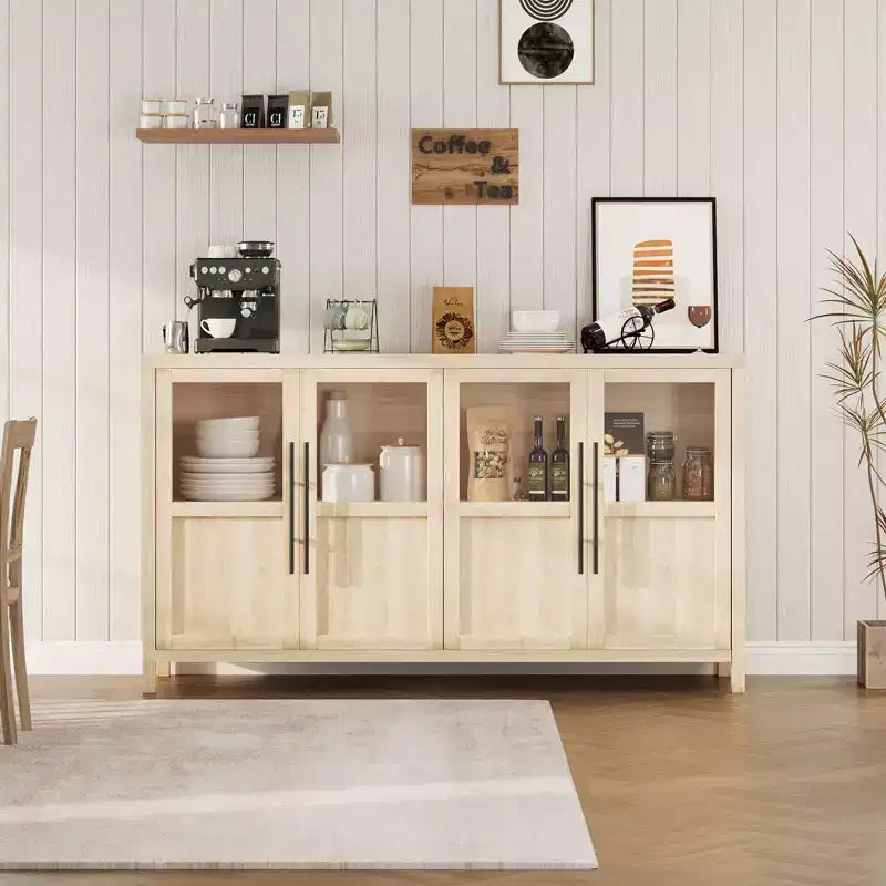 Credenza grande da 140 cm con 4 ante in vetro e ripiani, mobile contenitore moderno in stile rustico per cucina, sala da pranzo, soggiorno, corridoio