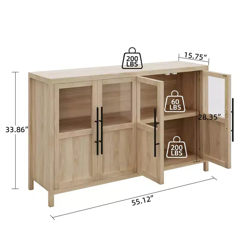 Credenza grande da 140 cm con 4 ante in vetro e ripiani, mobile contenitore moderno in stile rustico per cucina, sala da pranzo, soggiorno, corridoio