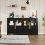 Credenza grande da 140 cm con 4 ante in vetro e ripiani, mobile contenitore moderno in stile rustico per cucina, sala da pranzo, soggiorno, corridoio