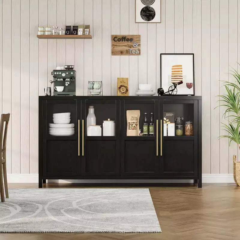 Credenza grande da 140 cm con 4 ante in vetro e ripiani, mobile contenitore moderno in stile rustico per cucina, sala da pranzo, soggiorno, corridoio