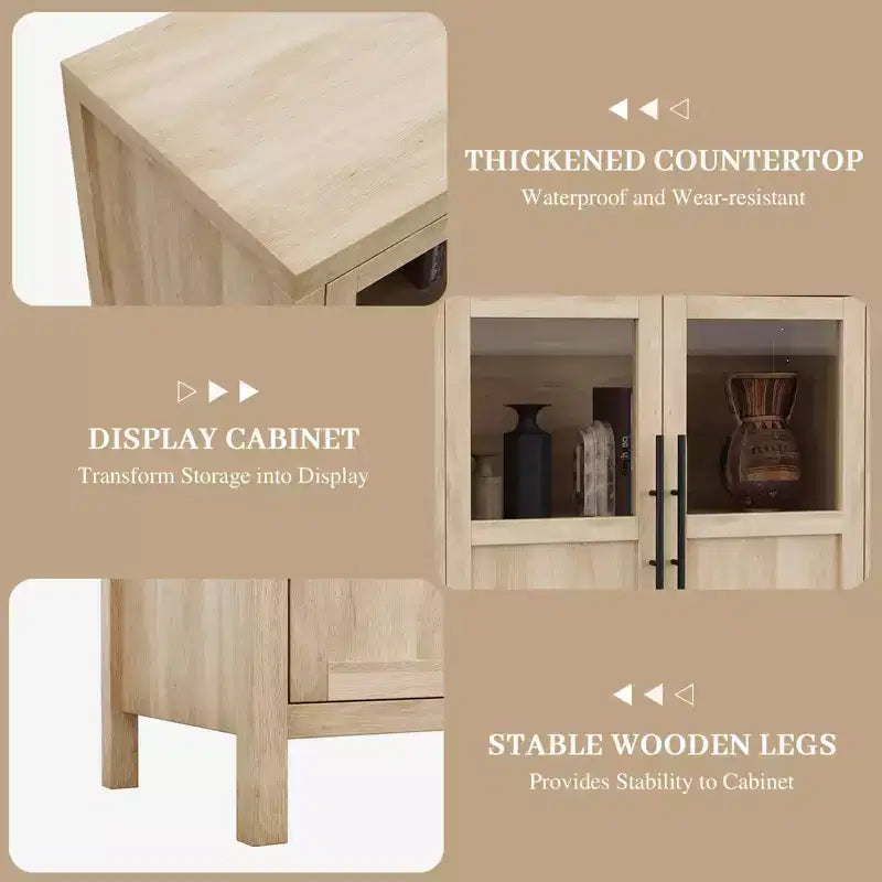 Credenza grande da 140 cm con 4 ante in vetro e ripiani, mobile contenitore moderno in stile rustico per cucina, sala da pranzo, soggiorno, corridoio