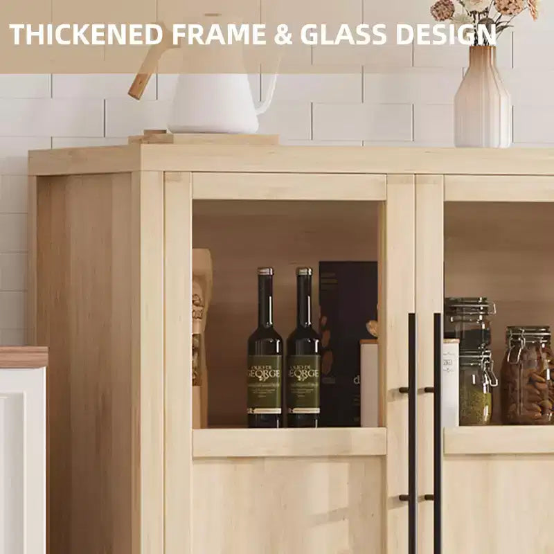 Credenza grande da 140 cm con 4 ante in vetro e ripiani, mobile contenitore moderno in stile rustico per cucina, sala da pranzo, soggiorno, corridoio