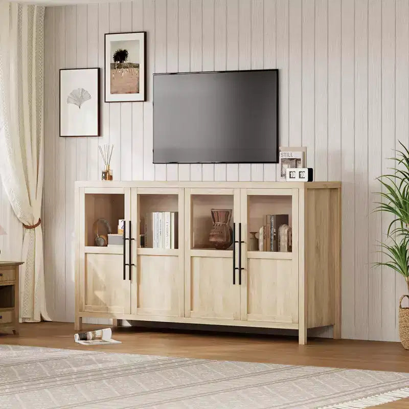 Credenza grande da 140 cm con 4 ante in vetro e ripiani, mobile contenitore moderno in stile rustico per cucina, sala da pranzo, soggiorno, corridoio