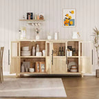 Credenza grande da 140 cm con 4 ante in vetro e ripiani, mobile contenitore moderno in stile rustico per cucina, sala da pranzo, soggiorno, corridoio