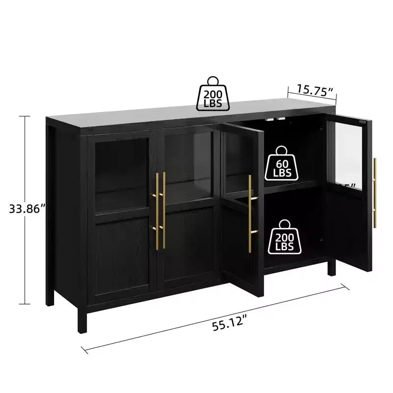 Credenza grande da 140 cm con 4 ante in vetro e ripiani, mobile contenitore moderno in stile rustico per cucina, sala da pranzo, soggiorno, corridoio