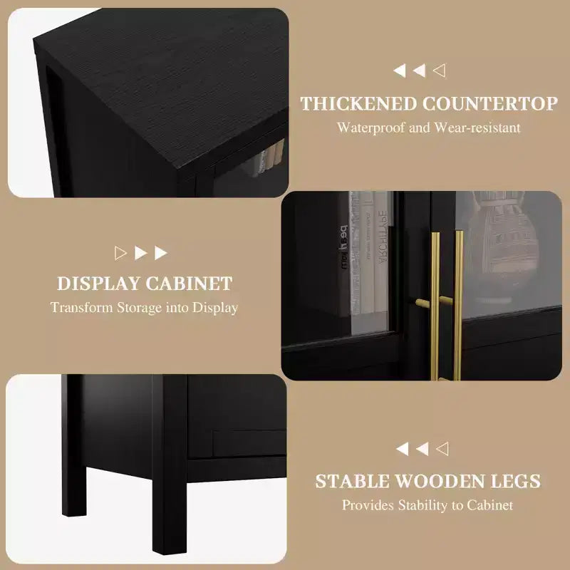 Credenza grande da 140 cm con 4 ante in vetro e ripiani, mobile contenitore moderno in stile rustico per cucina, sala da pranzo, soggiorno, corridoio