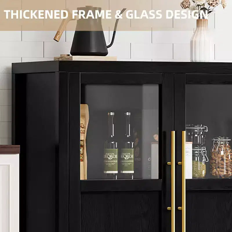 Credenza grande da 140 cm con 4 ante in vetro e ripiani, mobile contenitore moderno in stile rustico per cucina, sala da pranzo, soggiorno, corridoio