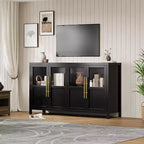 Credenza grande da 140 cm con 4 ante in vetro e ripiani, mobile contenitore moderno in stile rustico per cucina, sala da pranzo, soggiorno, corridoio
