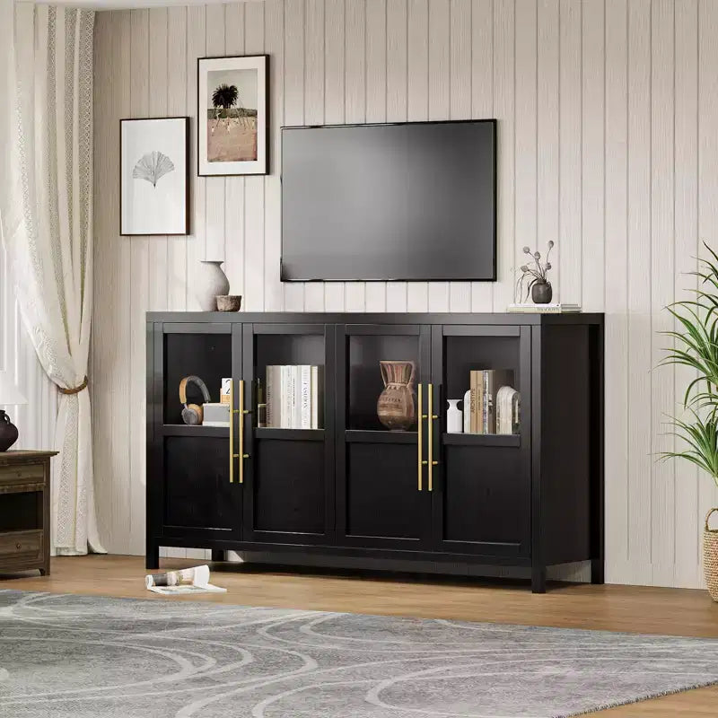 Credenza grande da 140 cm con 4 ante in vetro e ripiani, mobile contenitore moderno in stile rustico per cucina, sala da pranzo, soggiorno, corridoio