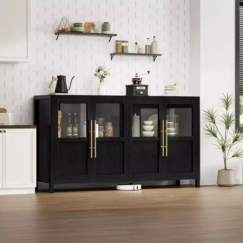 Credenza grande da 140 cm con 4 ante in vetro e ripiani, mobile contenitore moderno in stile rustico per cucina, sala da pranzo, soggiorno, corridoio