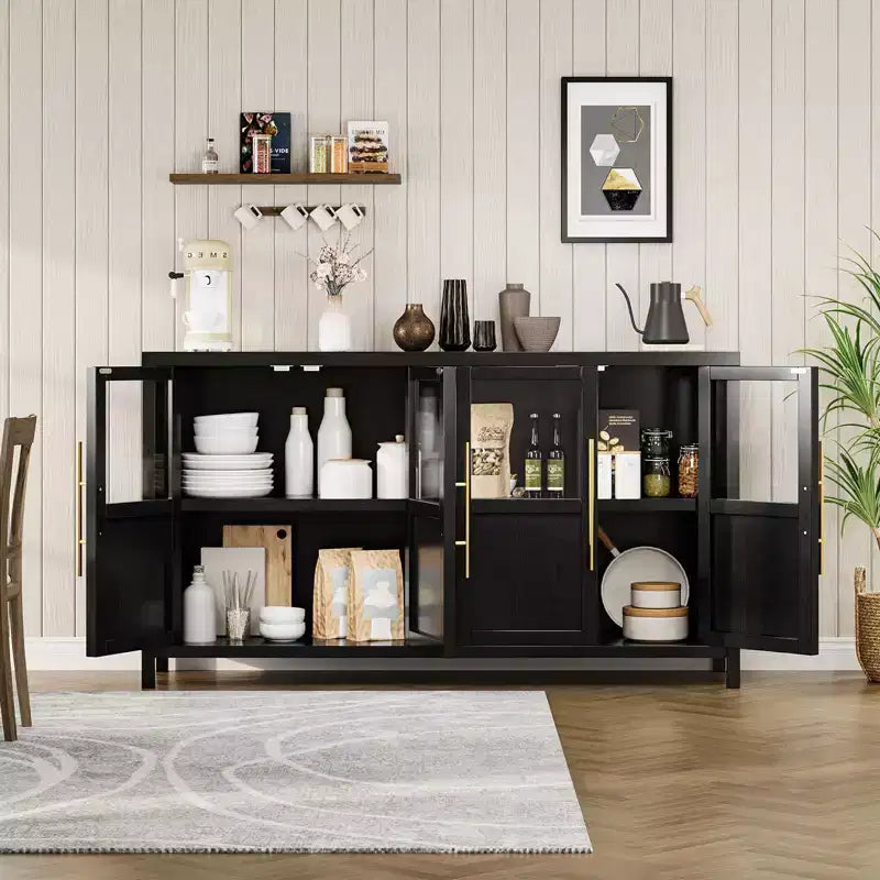 Credenza grande da 140 cm con 4 ante in vetro e ripiani, mobile contenitore moderno in stile rustico per cucina, sala da pranzo, soggiorno, corridoio