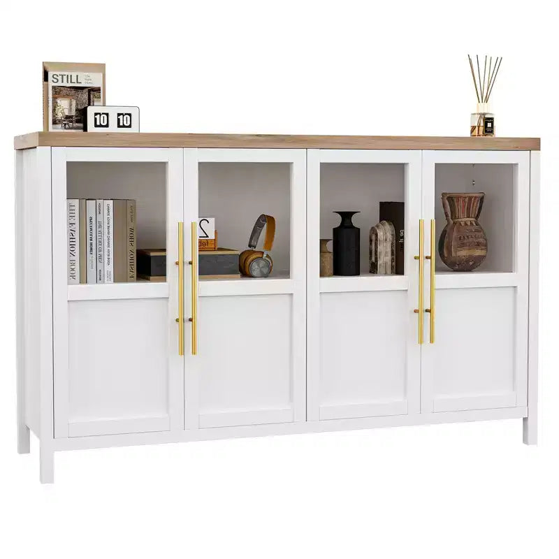 Credenza grande da 140 cm con 4 ante in vetro e ripiani, mobile contenitore moderno in stile rustico per cucina, sala da pranzo, soggiorno, corridoio