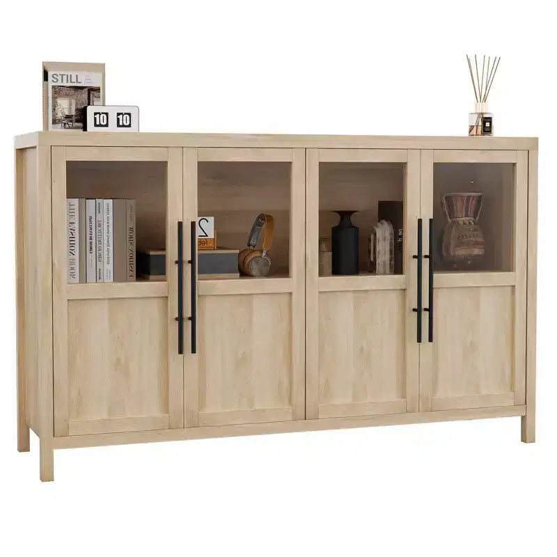 Credenza grande da 140 cm con 4 ante in vetro e ripiani, mobile contenitore moderno in stile rustico per cucina, sala da pranzo, soggiorno, corridoio