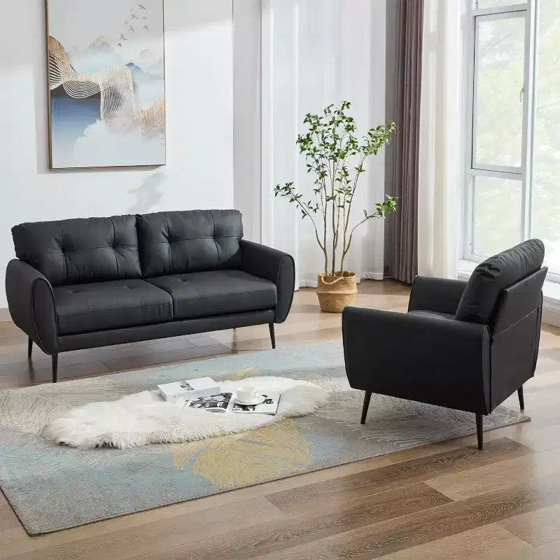 Divano a due posti e divano a L in ecopelle trapuntata, stile moderno di metà secolo, 155 cm