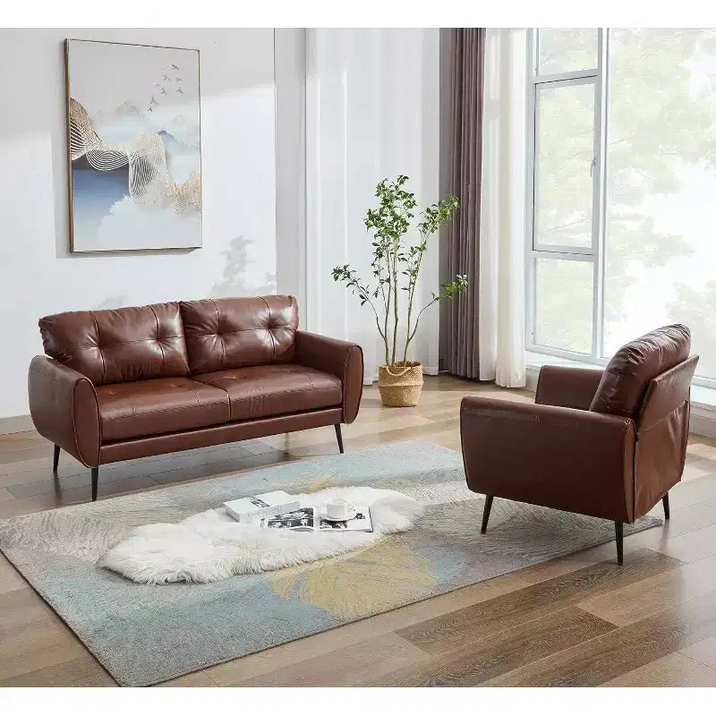 Divano a due posti e divano a L in ecopelle trapuntata, stile moderno di metà secolo, 155 cm