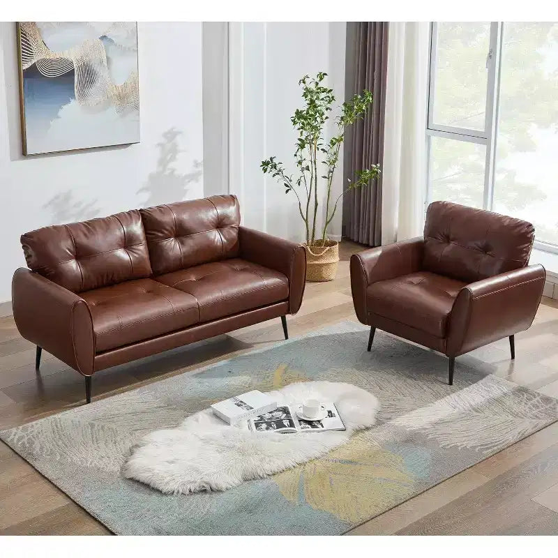 Divano a due posti e divano a L in ecopelle trapuntata, stile moderno di metà secolo, 155 cm
