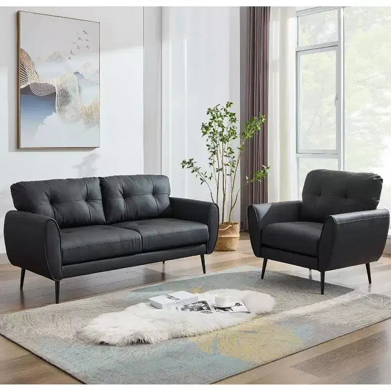 Divano a due posti e divano a L in ecopelle trapuntata, stile moderno di metà secolo, 155 cm