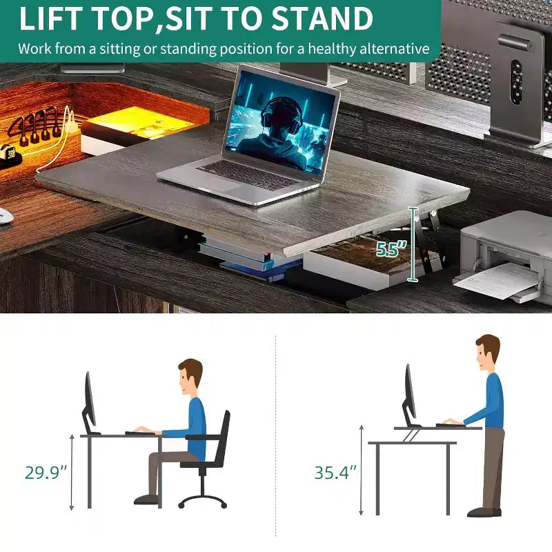 Scrivania ad angolo a L da 60 pollici con cassetti, prese di corrente, piano sollevabile, mobiletto e luci a LED - Grigia