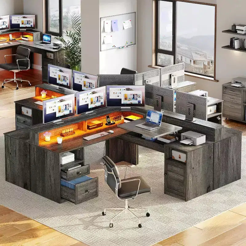 Scrivania ad angolo a L da 60 pollici con cassetti, prese di corrente, piano sollevabile, mobiletto e luci a LED - Grigia