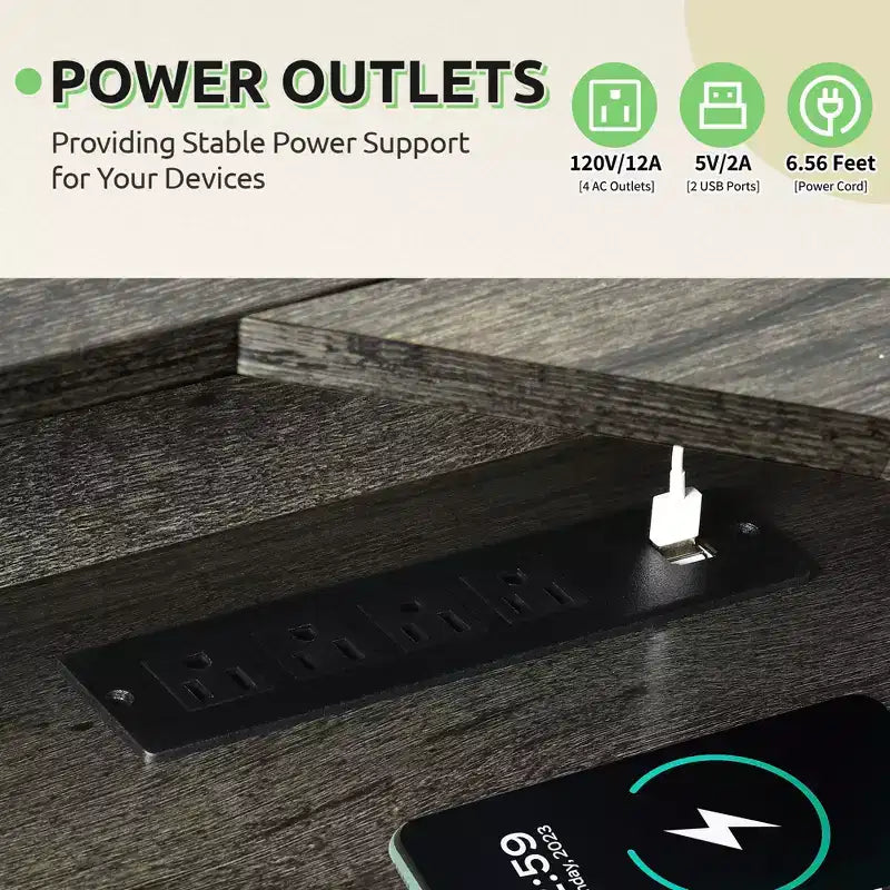 Scrivania ad angolo a L da 60 pollici con cassetti, prese di corrente, piano sollevabile, mobiletto e luci a LED - Grigia