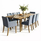 Set da pranzo di 9 pezzi con tavolo allungabile - 6 sedie senza braccioli e 2 poltrone in lino neutro